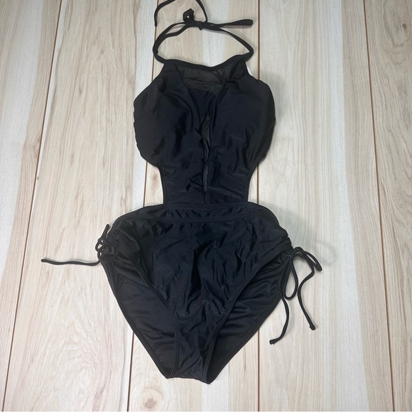 Mesh Cutout Ruched Drawstring Monokini Swimsuit (Black, Small, New, Cupshe) - Picture 3 of 8